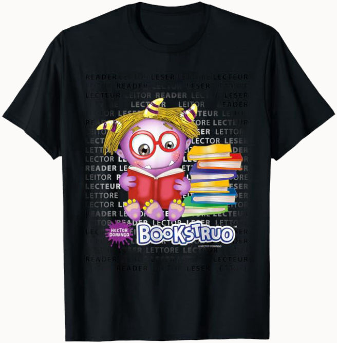 Bookstruo playera, por Héctor Domingo. Personajes lectores, lectura, libros.